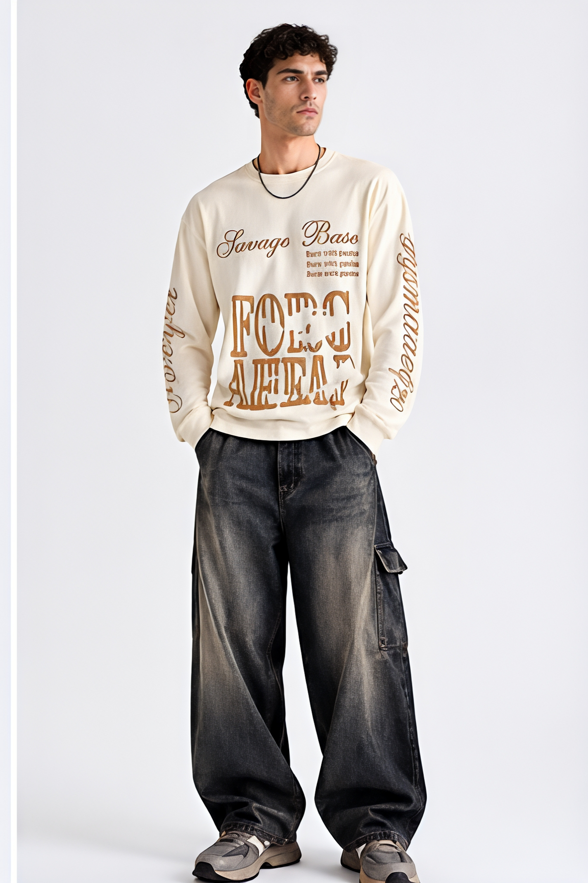 Men’s Cream Graphic Printed Waffle Texture Oversized Full-Sleeve T-Shirt