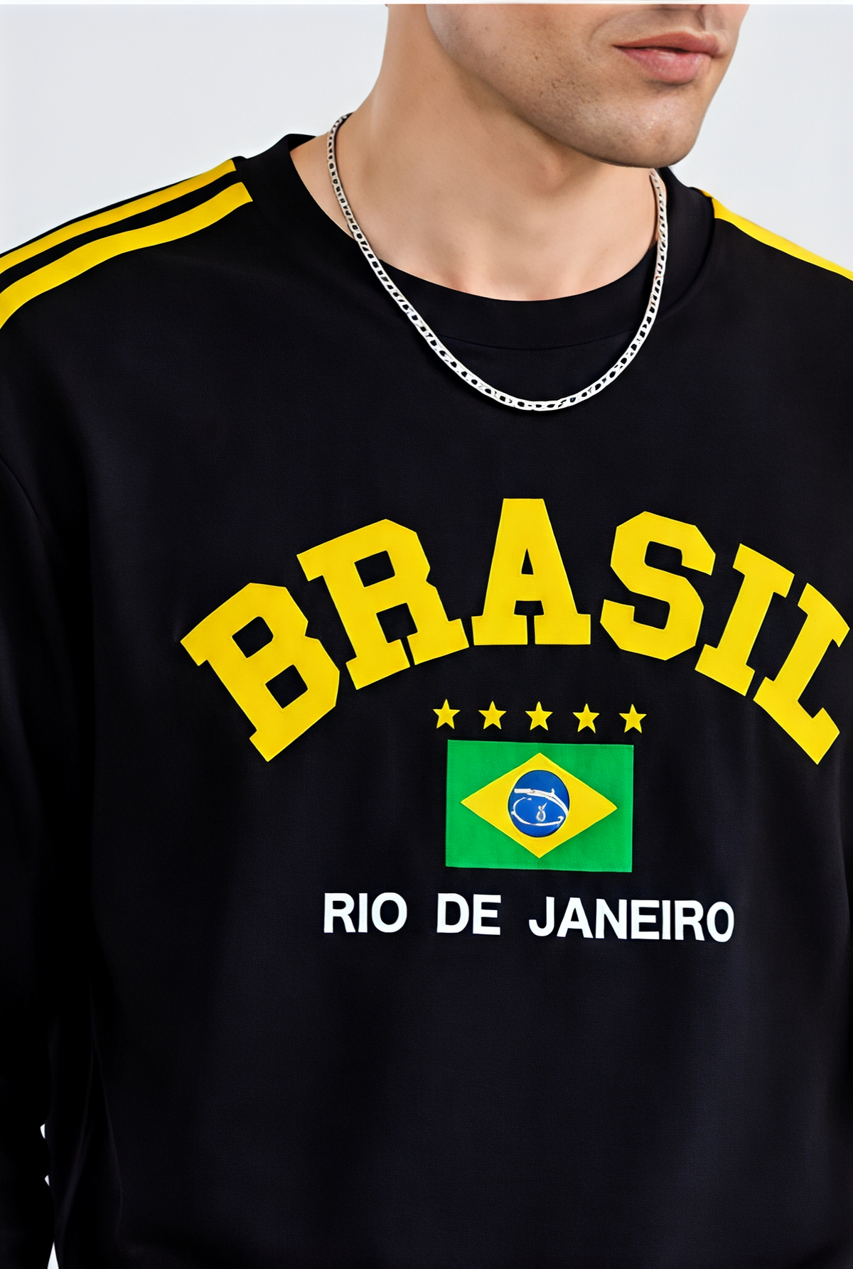 Men’s Black Brasil Graphic Printed Sweatshirt with Yellow Sleeve Stripes