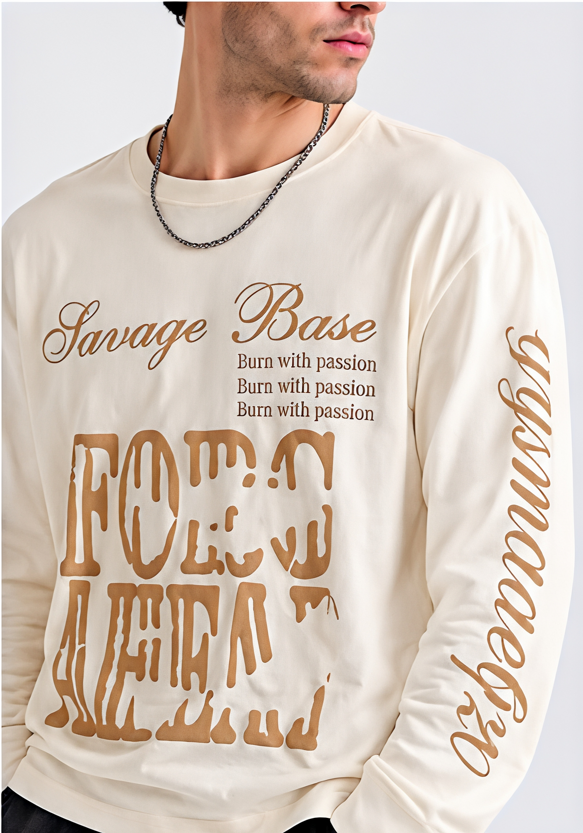 Men’s Cream Graphic Printed Waffle Texture Oversized Full-Sleeve T-Shirt