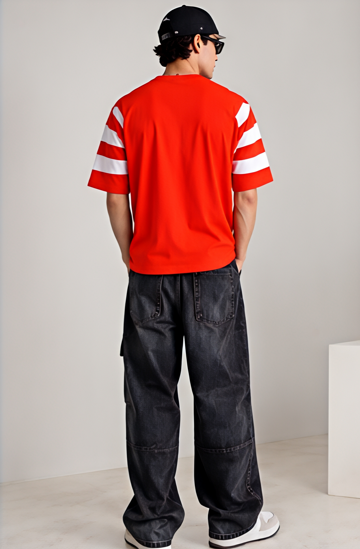 Men Red Graphic Printed Oversized Sports T-Shirt with White Stripes