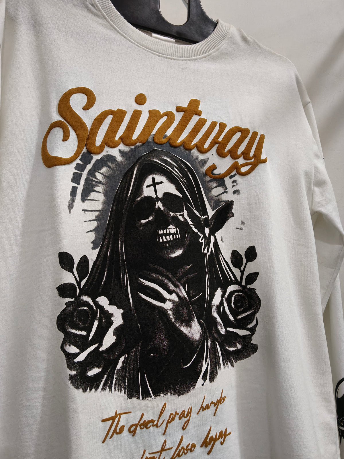 Men’s White Saintway Graphic Printed Waffle-Knit Full Sleeve T-Shirt