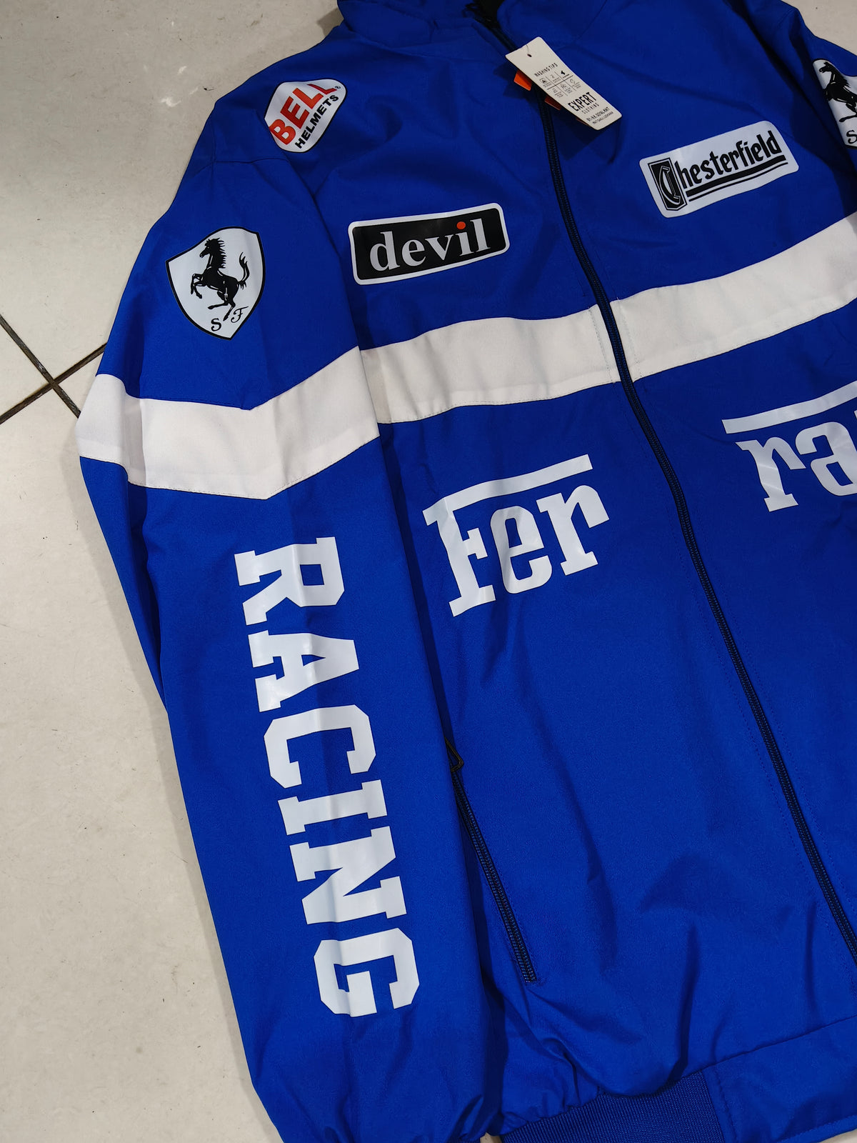Men Blue Racing Jacket with Stand Collar and Zip Closure