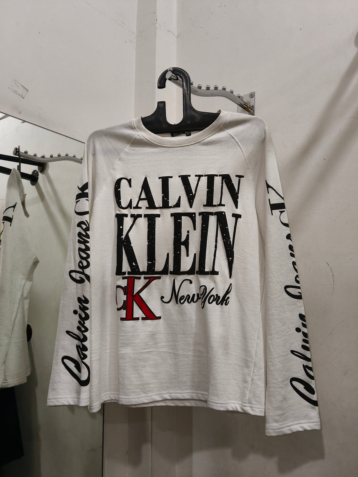 Men’s White Waffle-Knit Graphic Printed Full Sleeve T-Shirt