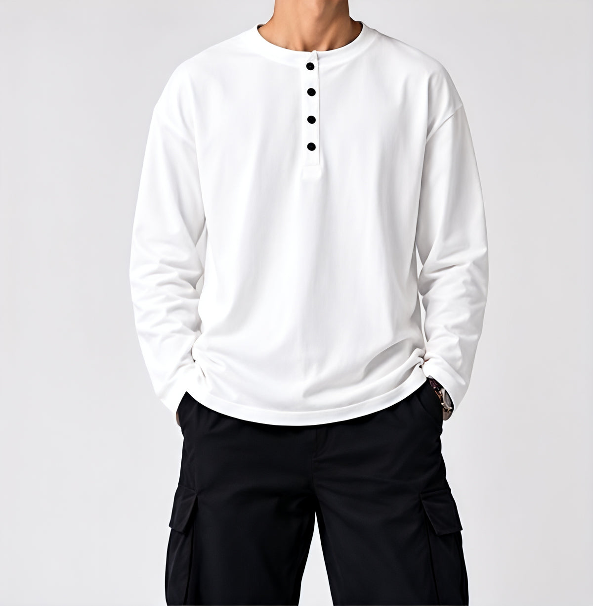 Men White Oversized Henley Full Sleeve T-Shirt