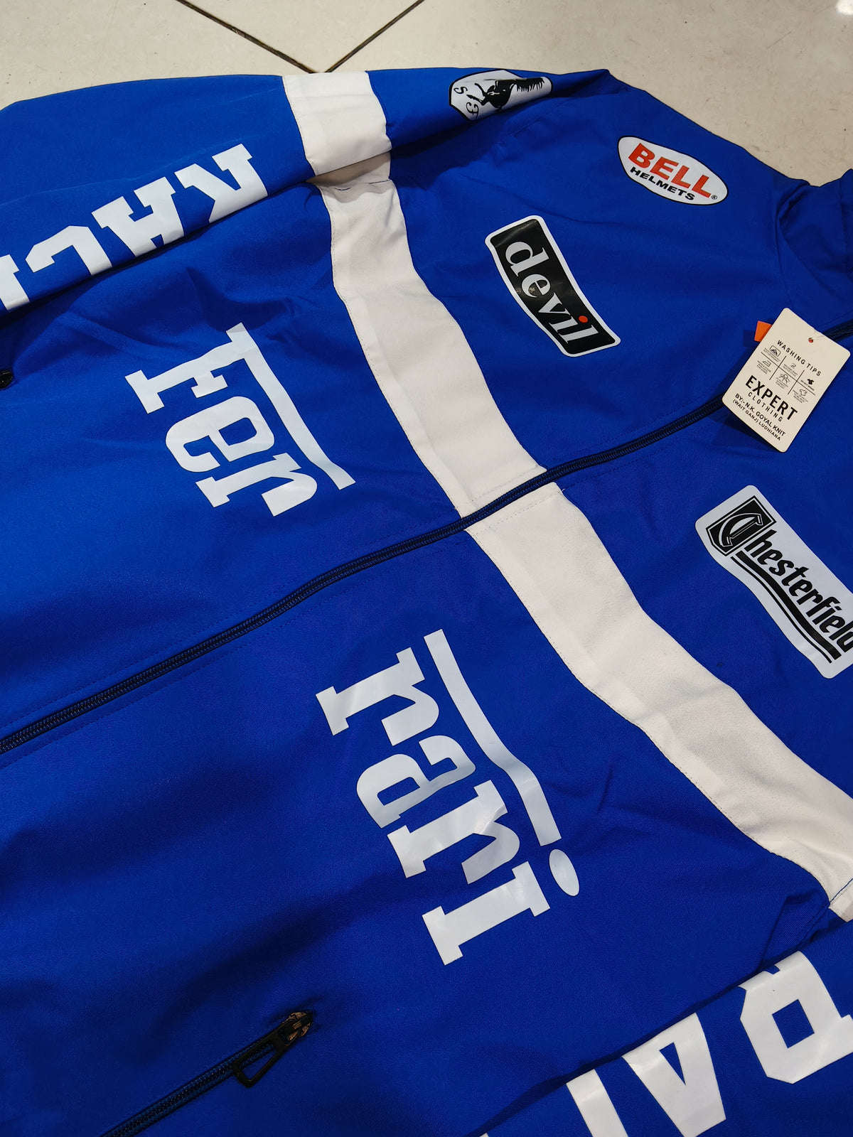 Men Blue Racing Jacket with Stand Collar and Zip Closure