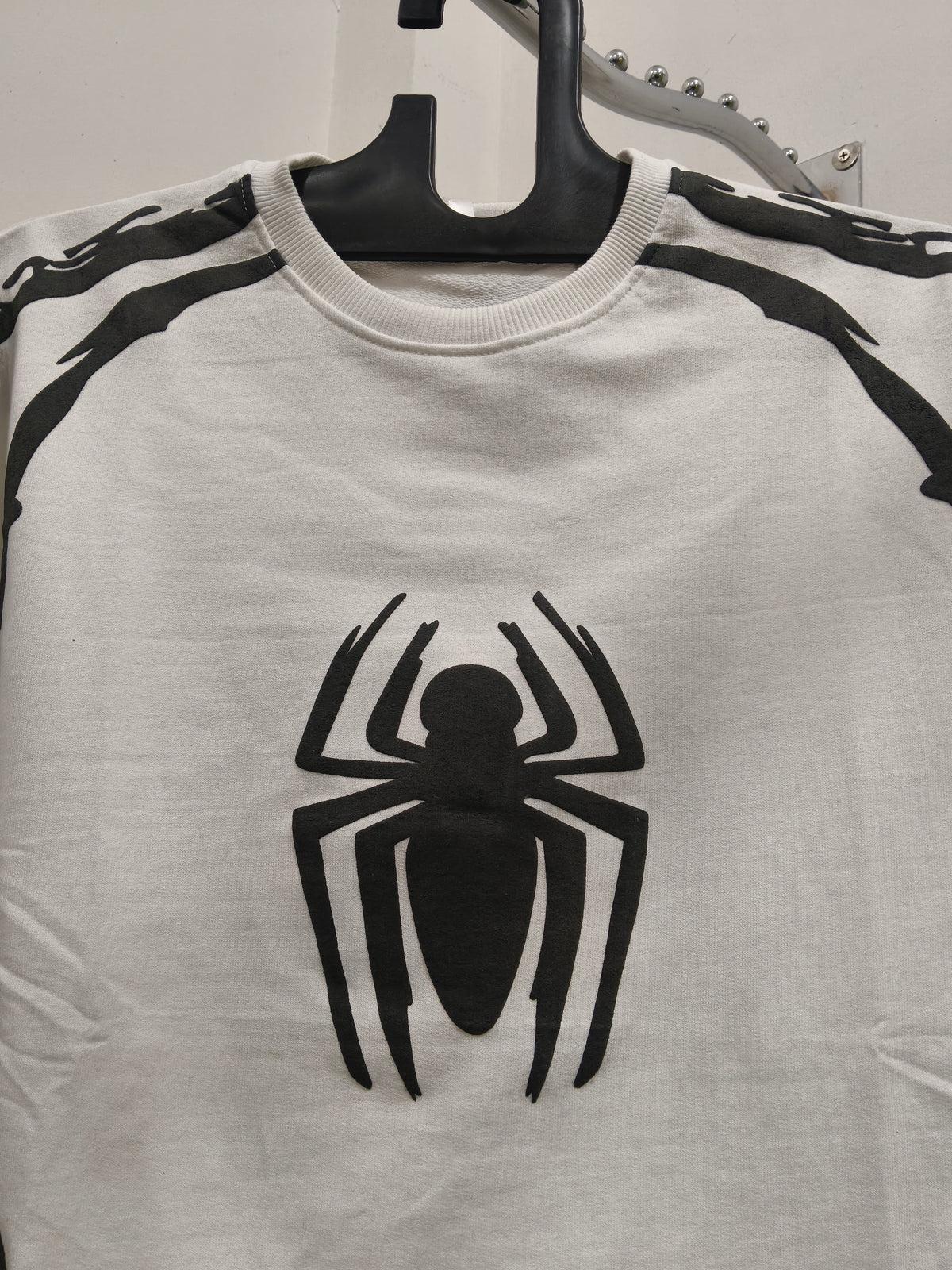 White Waffle-Knit Spider Graphic Full Sleeve T-Shirt