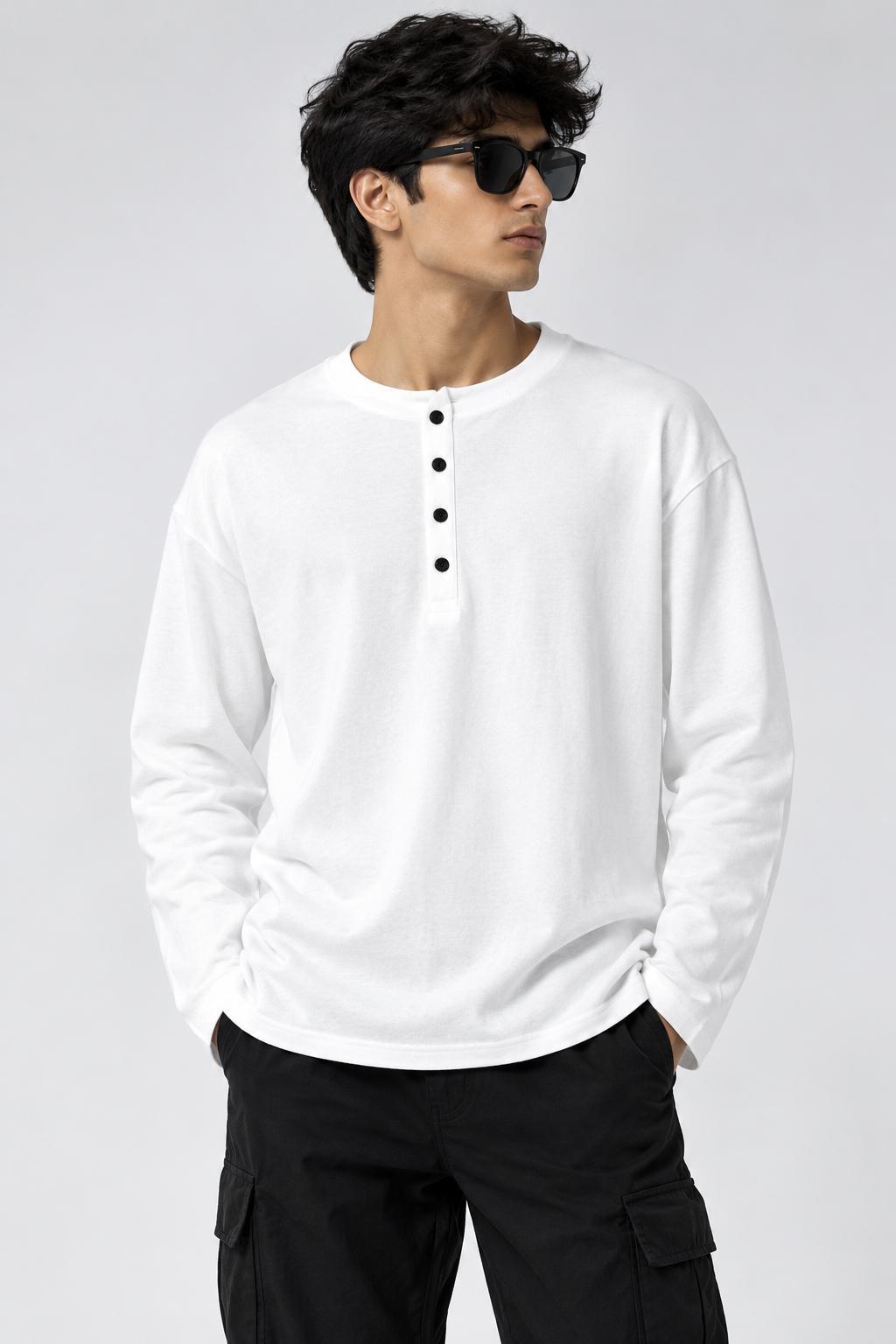 Men White Oversized Henley Full Sleeve T-Shirt