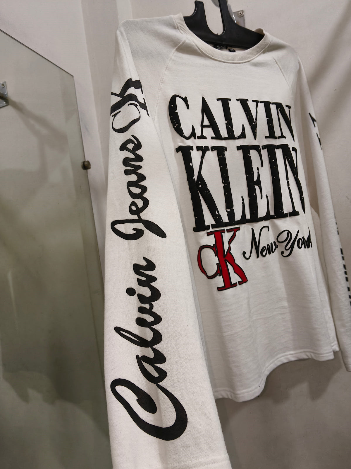 Men’s White Waffle-Knit Graphic Printed Full Sleeve T-Shirt