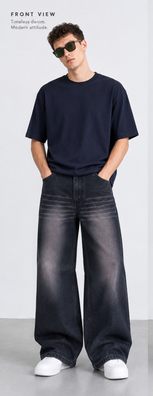 Men Black Wide-Leg Washed Jeans