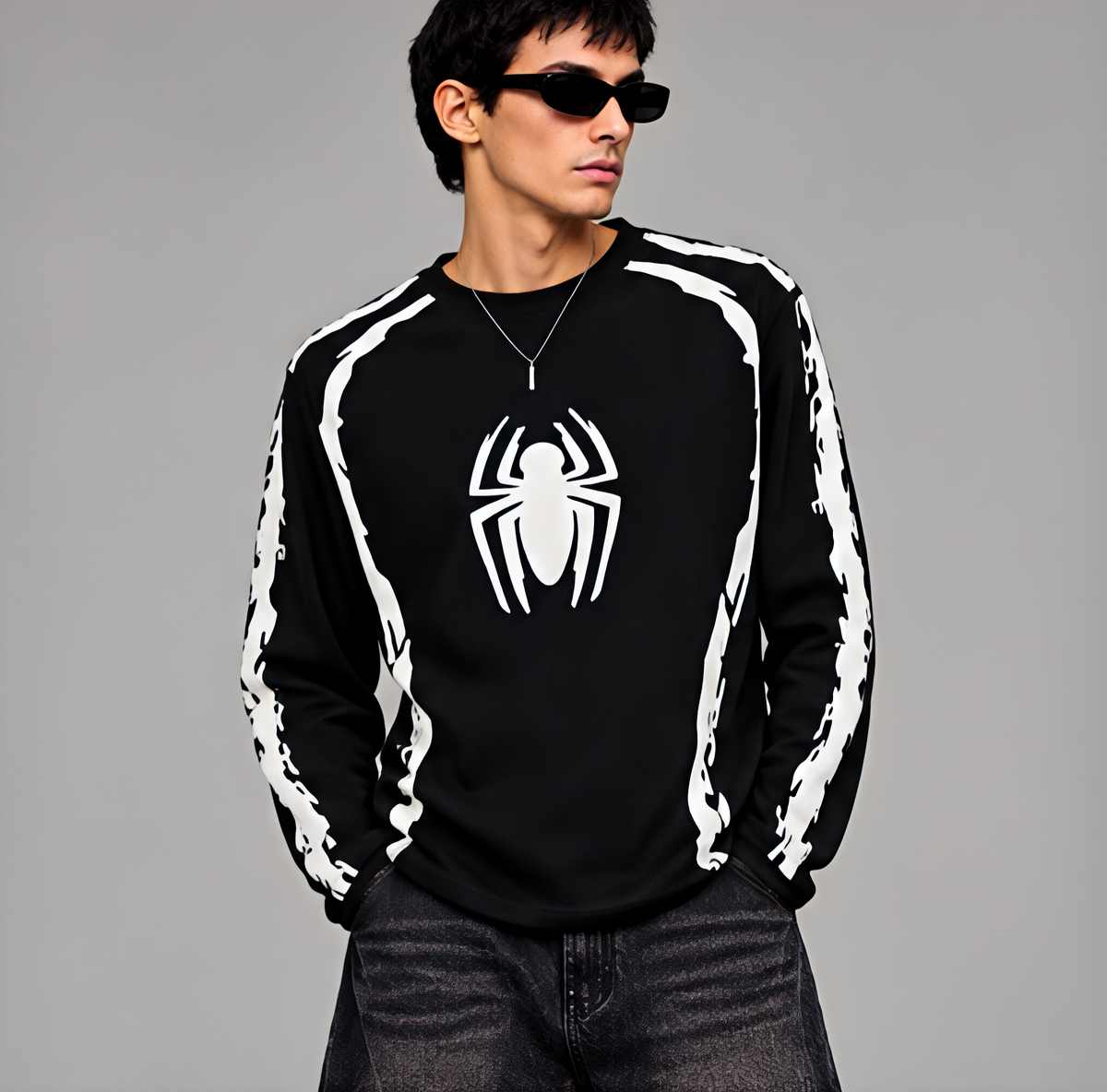 Spider Graphic Black Waffle Full Sleeve T-Shirt