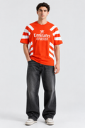 Men Red Graphic Printed Oversized Sports T-Shirt with White Stripes