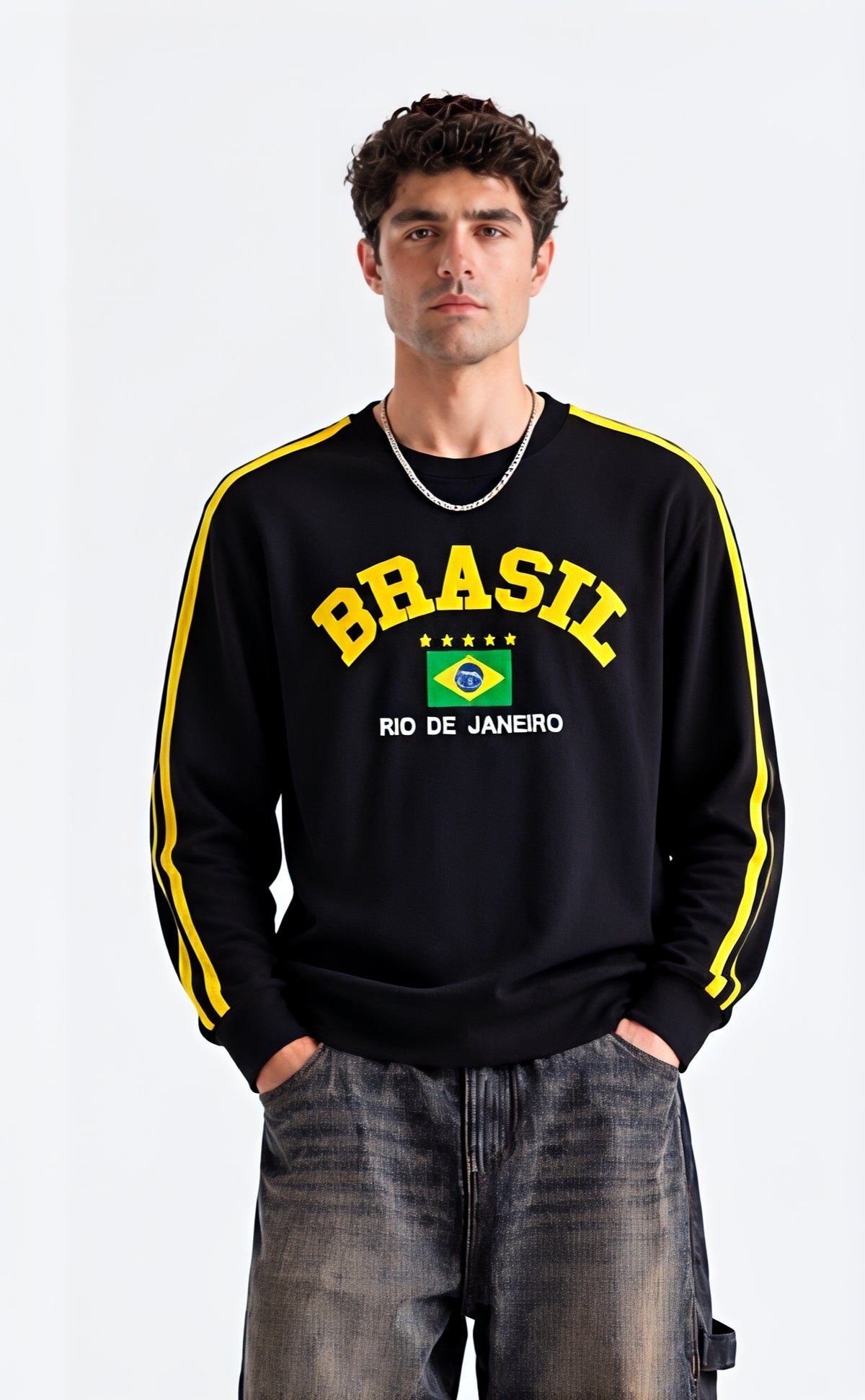 Men’s Black Brasil Graphic Printed Sweatshirt with Yellow Sleeve Stripes