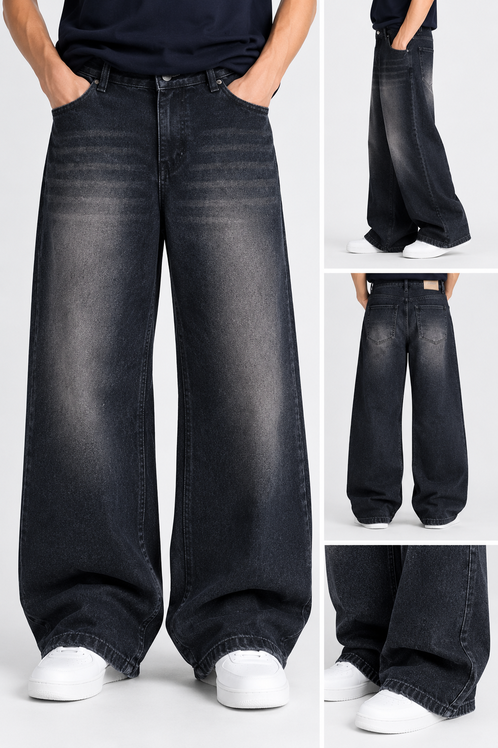 Men Black Wide-Leg Washed Jeans
