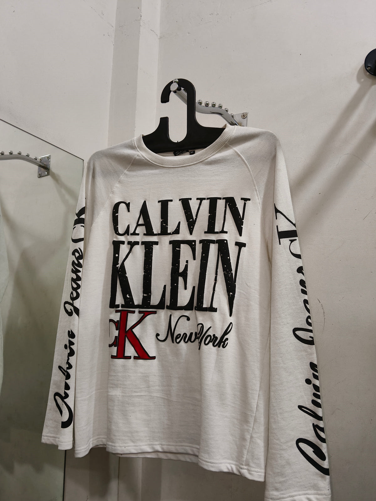 Men’s White Waffle-Knit Graphic Printed Full Sleeve T-Shirt