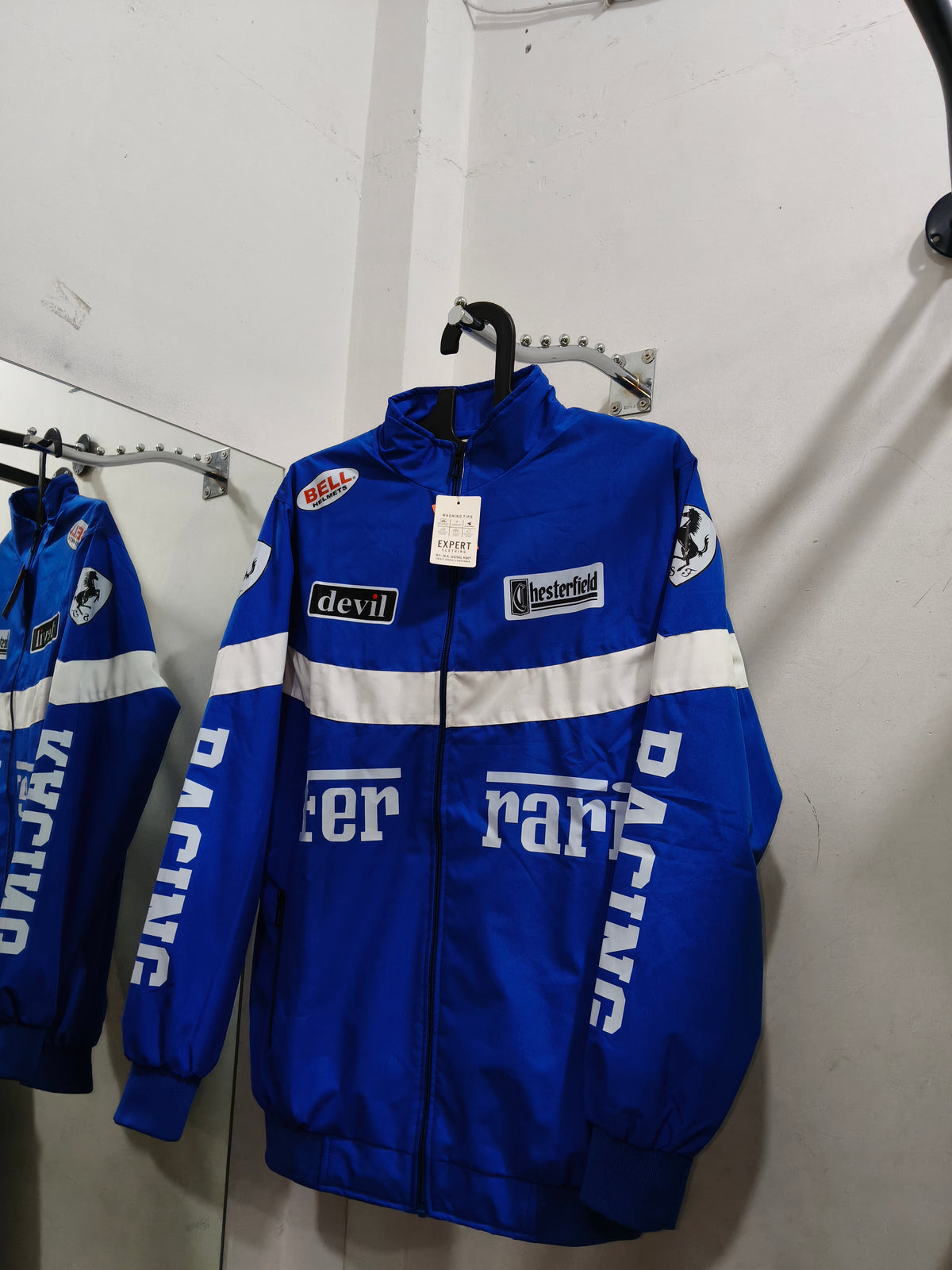 Men Blue Racing Jacket with Stand Collar and Zip Closure