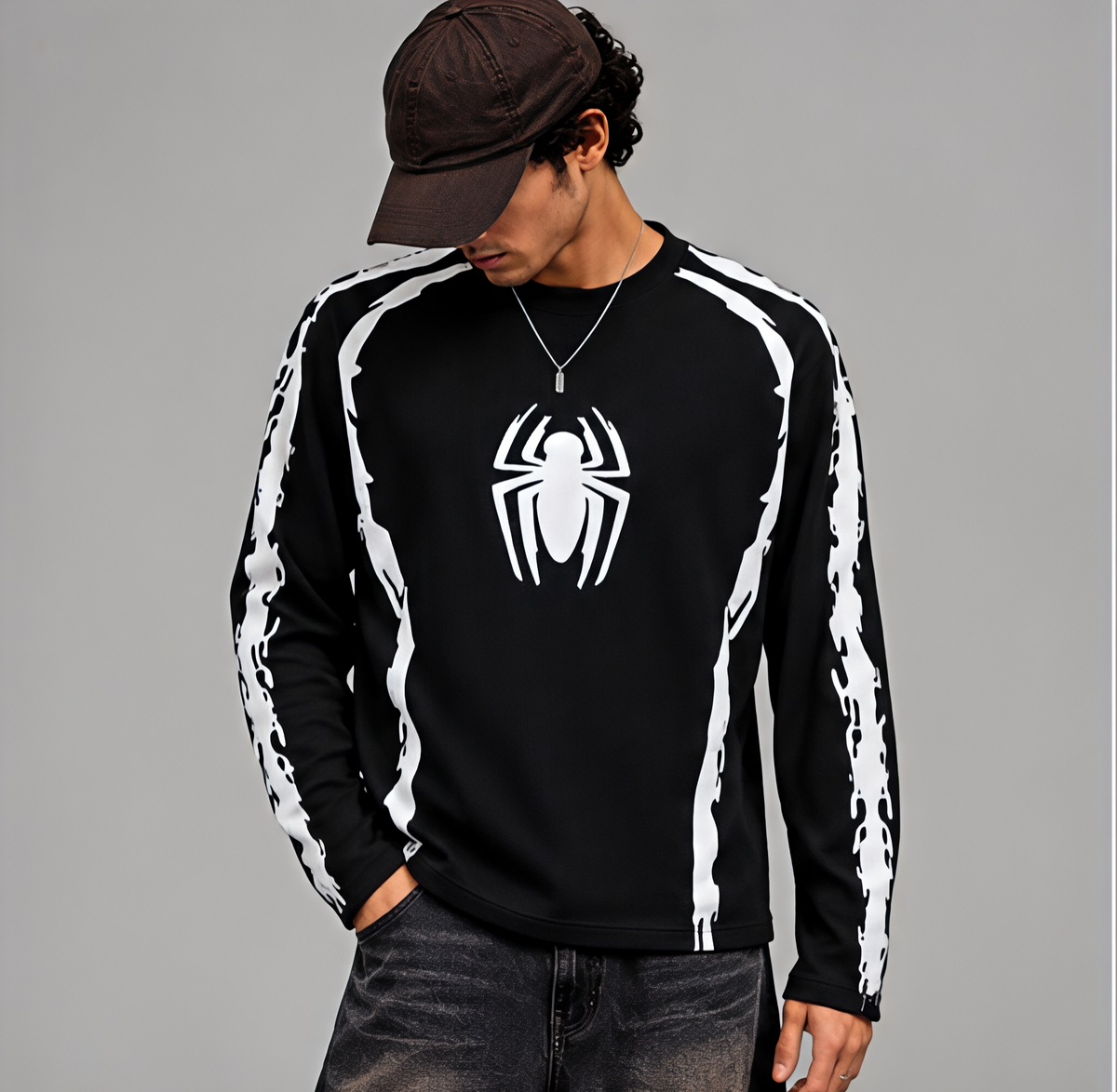 Spider Graphic Black Waffle Full Sleeve T-Shirt