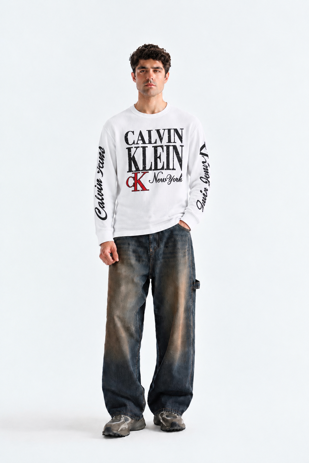 Men’s White Waffle-Knit Graphic Printed Full Sleeve T-Shirt