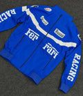 Men Blue Racing Jacket with Stand Collar and Zip Closure