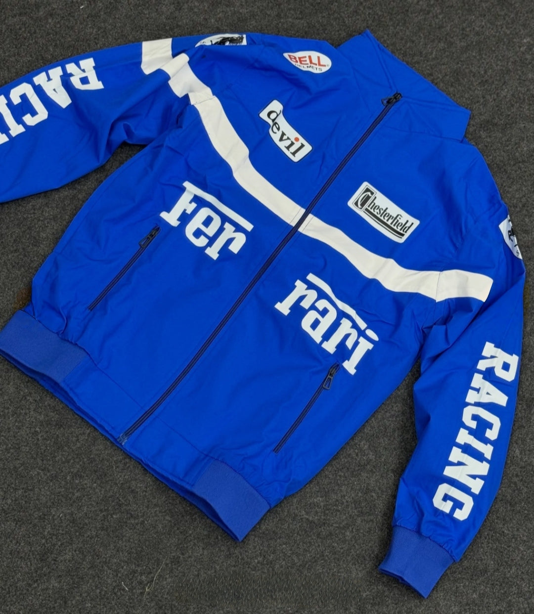 Men Blue Racing Jacket with Stand Collar and Zip Closure