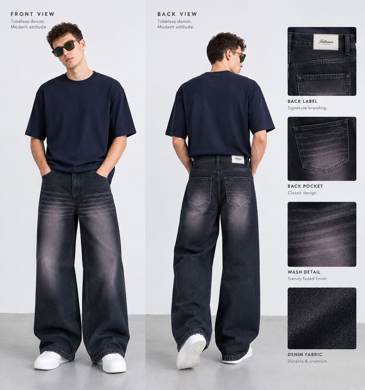 Men Black Wide-Leg Washed Jeans