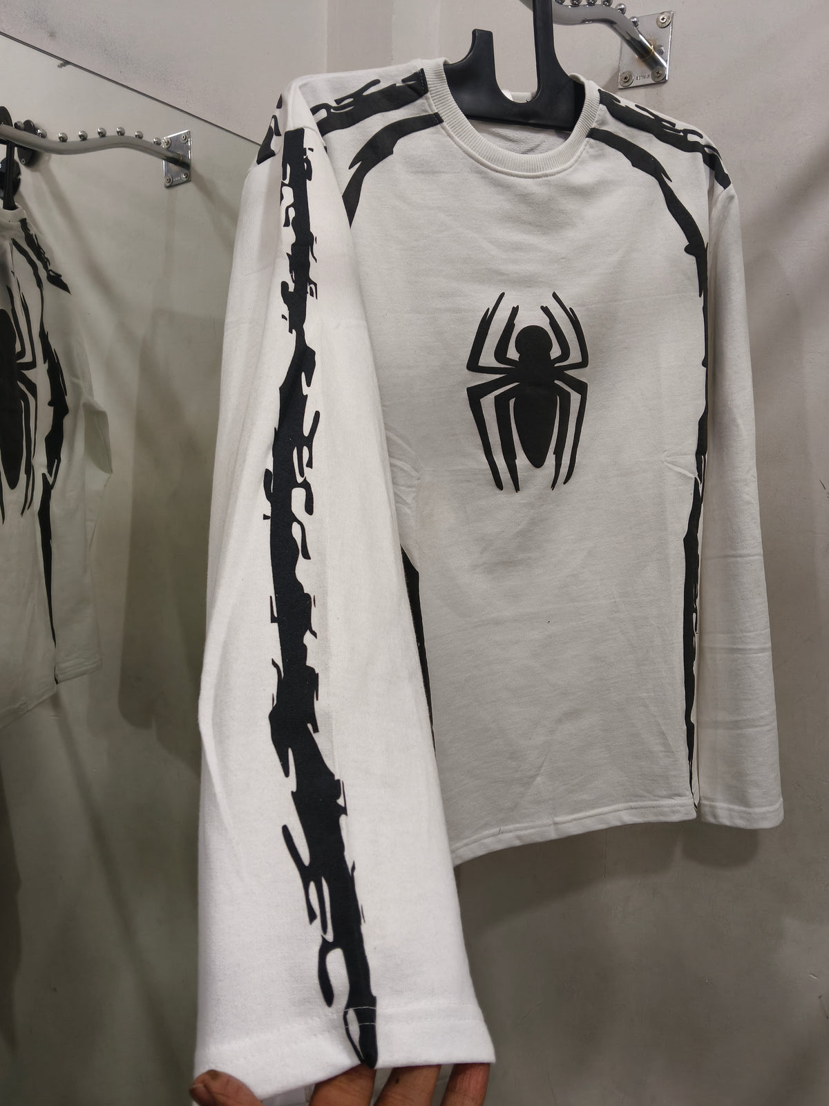 White Waffle-Knit Spider Graphic Full Sleeve T-Shirt