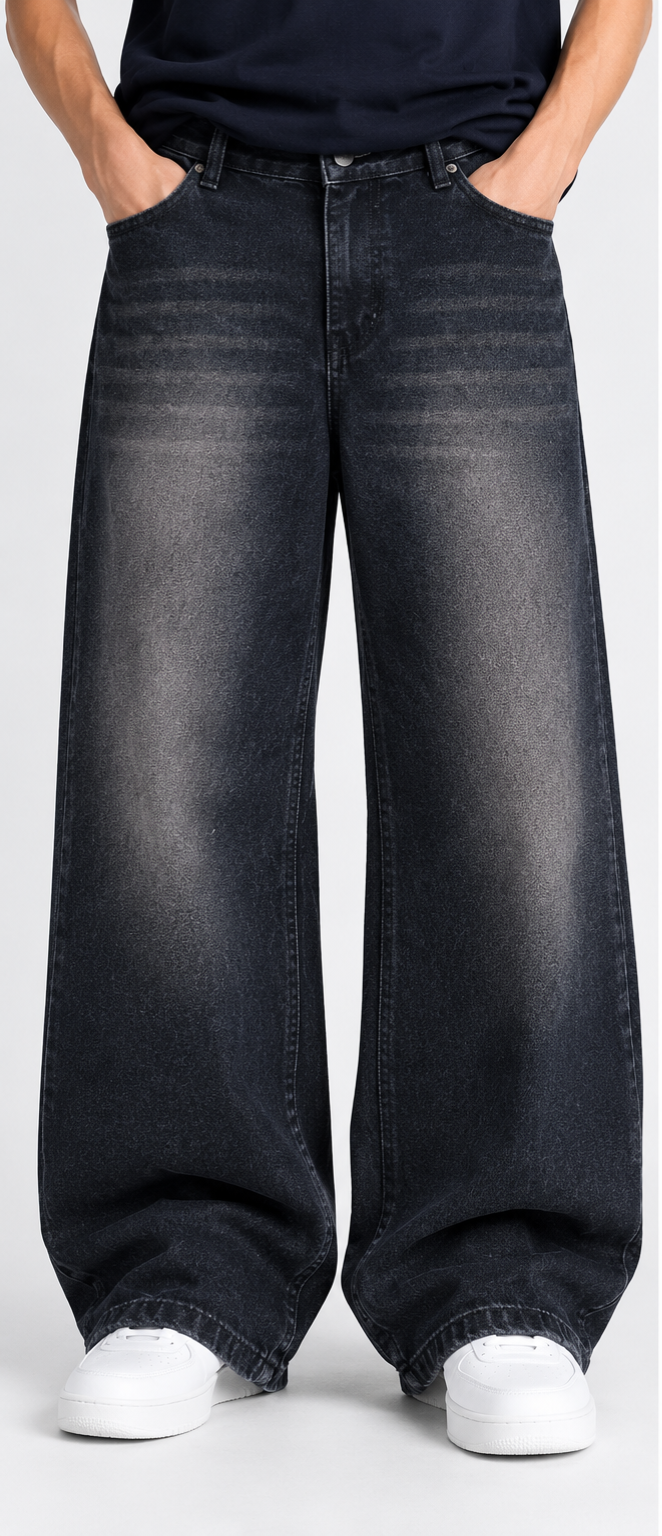 Men Black Wide-Leg Washed Jeans