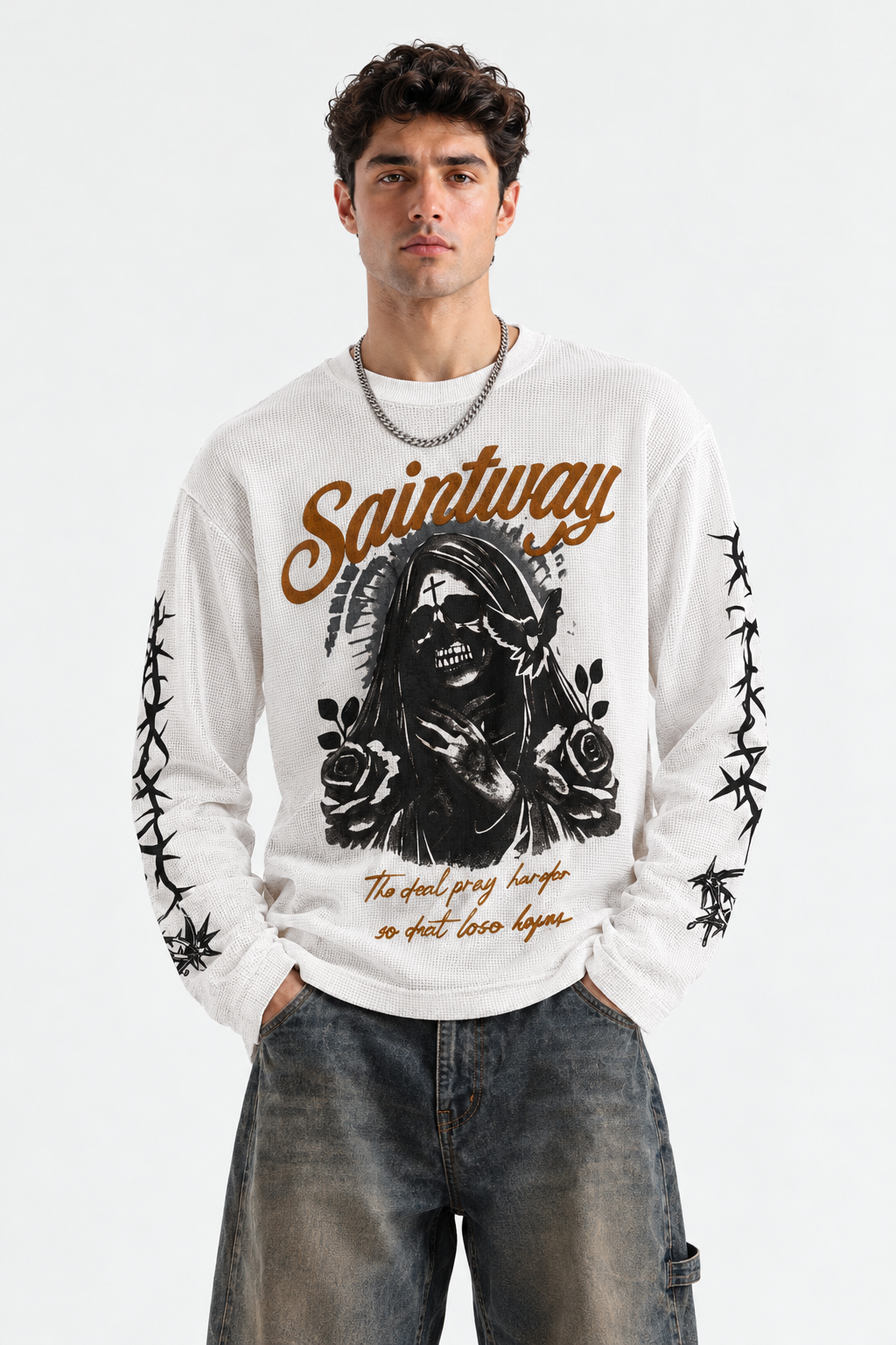 Men’s White Saintway Graphic Printed Waffle-Knit Full Sleeve T-Shirt