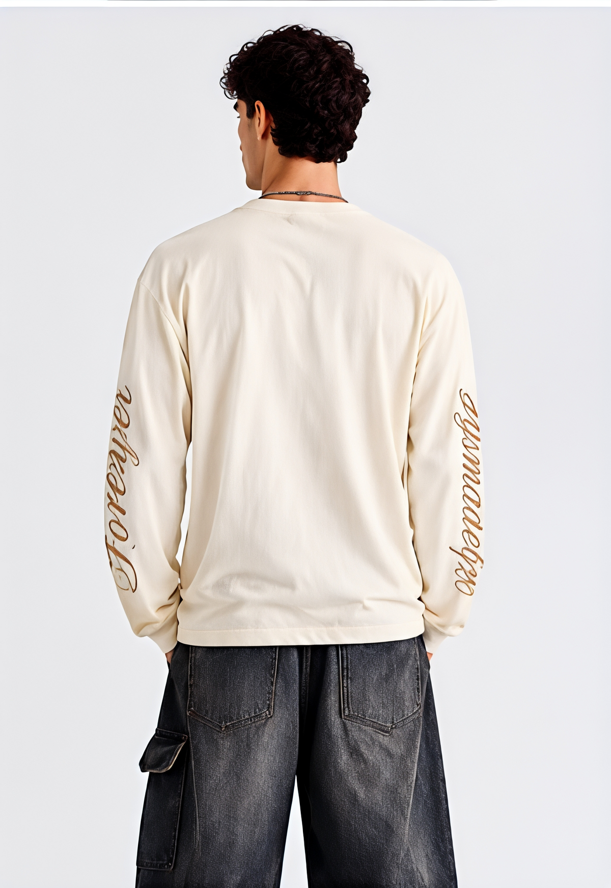 Men’s Cream Graphic Printed Waffle Texture Oversized Full-Sleeve T-Shirt