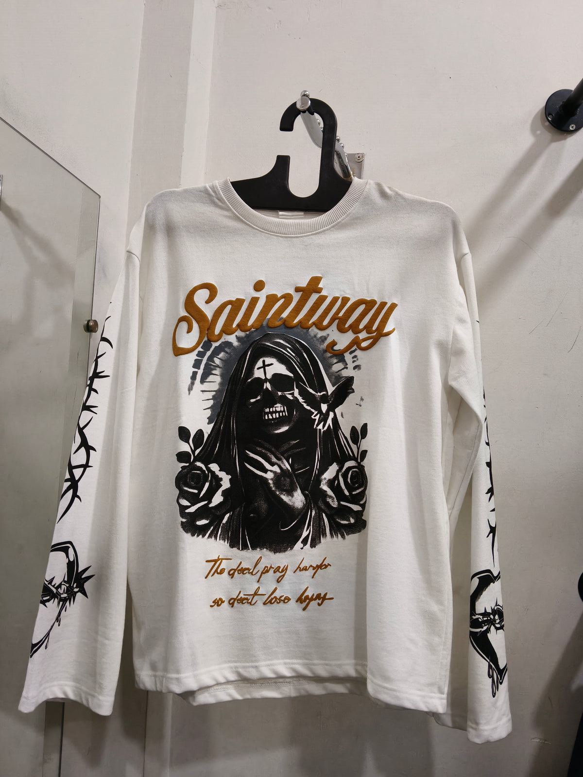 Men’s White Saintway Graphic Printed Waffle-Knit Full Sleeve T-Shirt