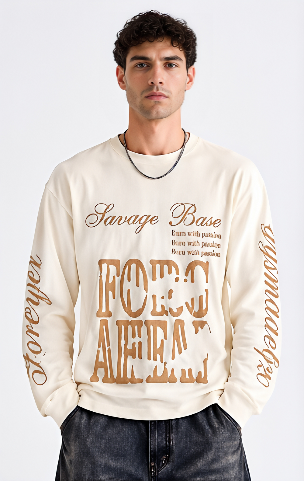 Men’s Cream Graphic Printed Waffle Texture Oversized Full-Sleeve T-Shirt