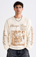 Men’s Cream Graphic Printed Waffle Texture Oversized Full-Sleeve T-Shirt