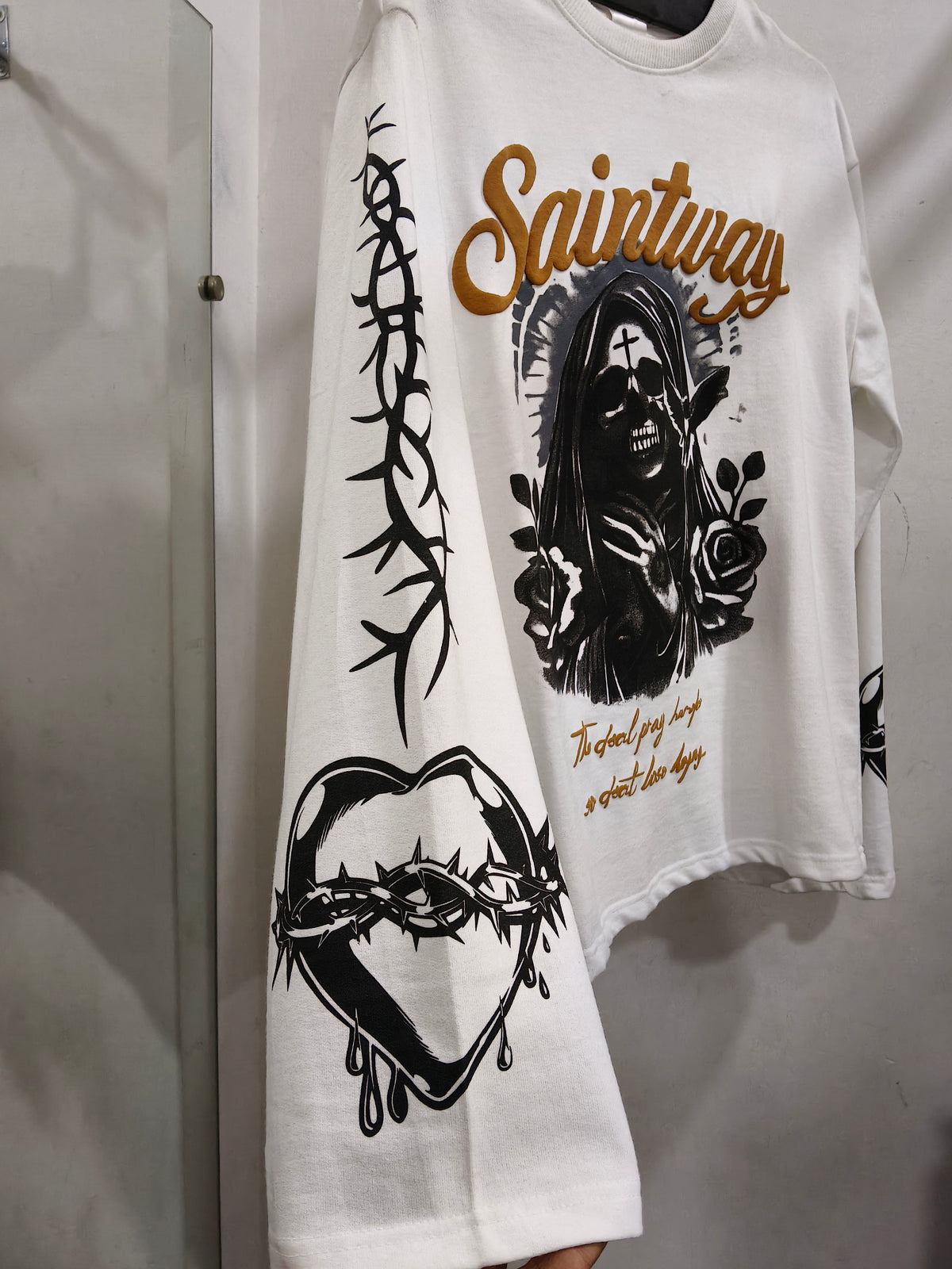Men’s White Saintway Graphic Printed Waffle-Knit Full Sleeve T-Shirt