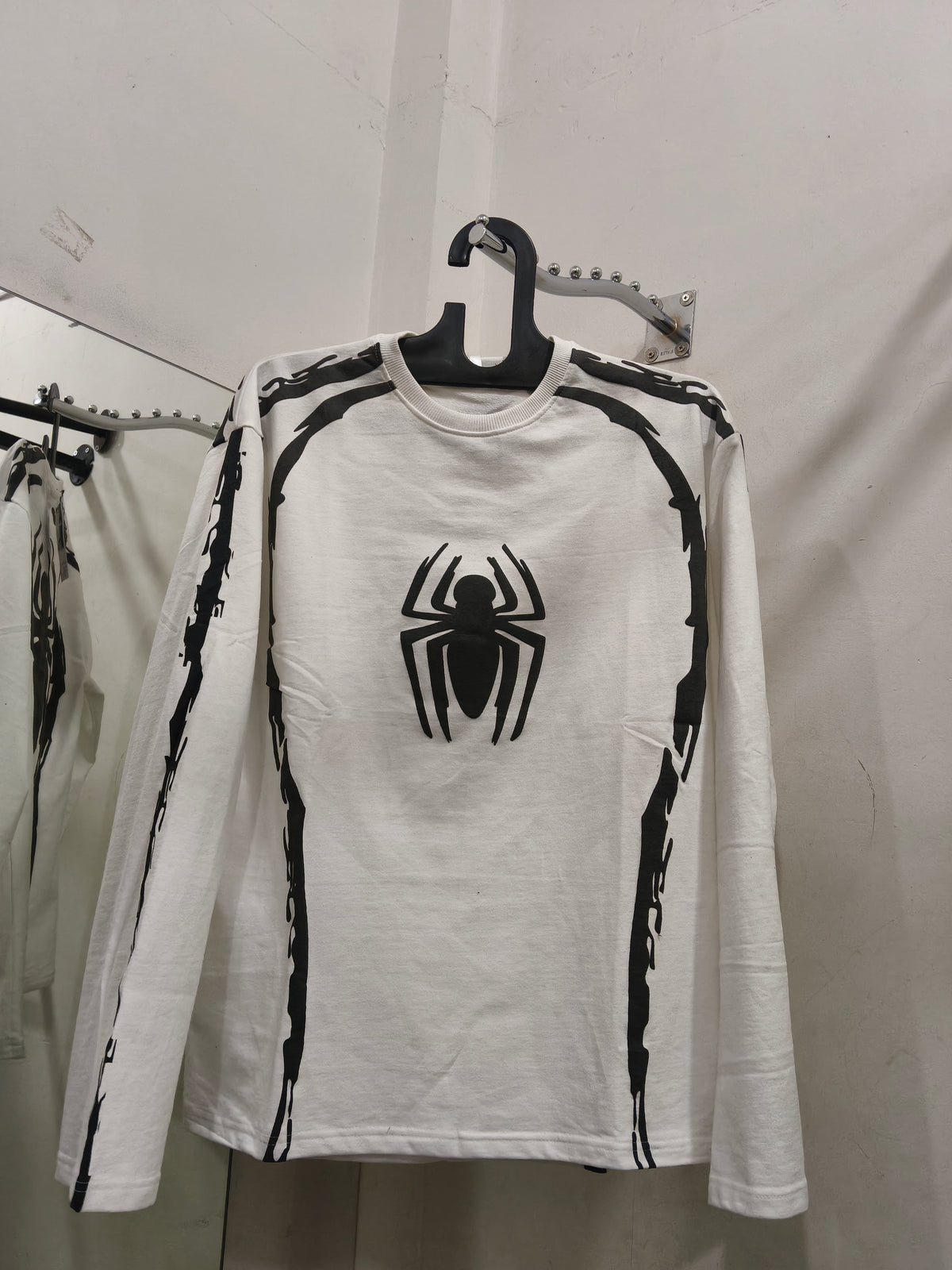White Waffle-Knit Spider Graphic Full Sleeve T-Shirt