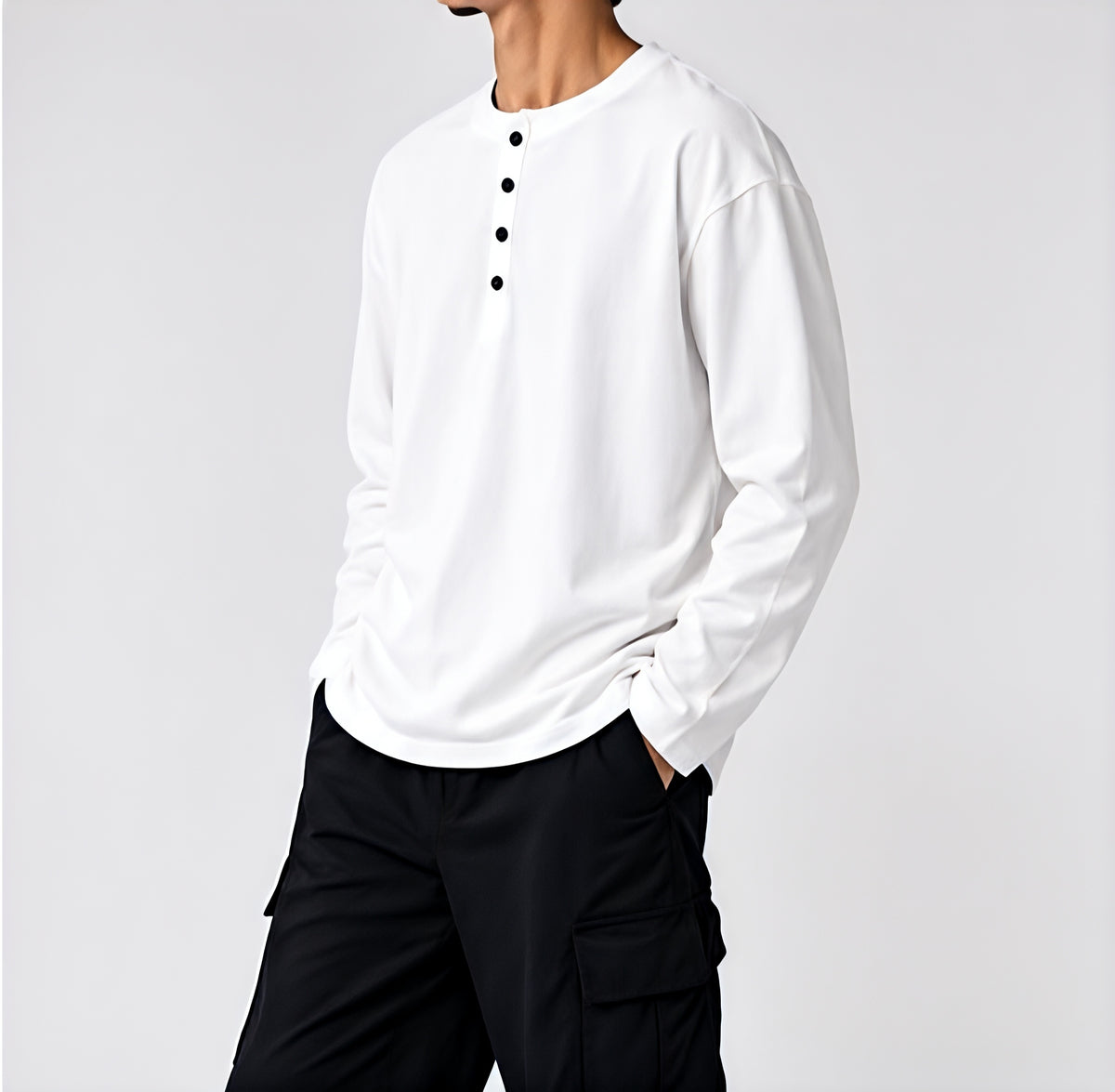 Men White Oversized Henley Full Sleeve T-Shirt
